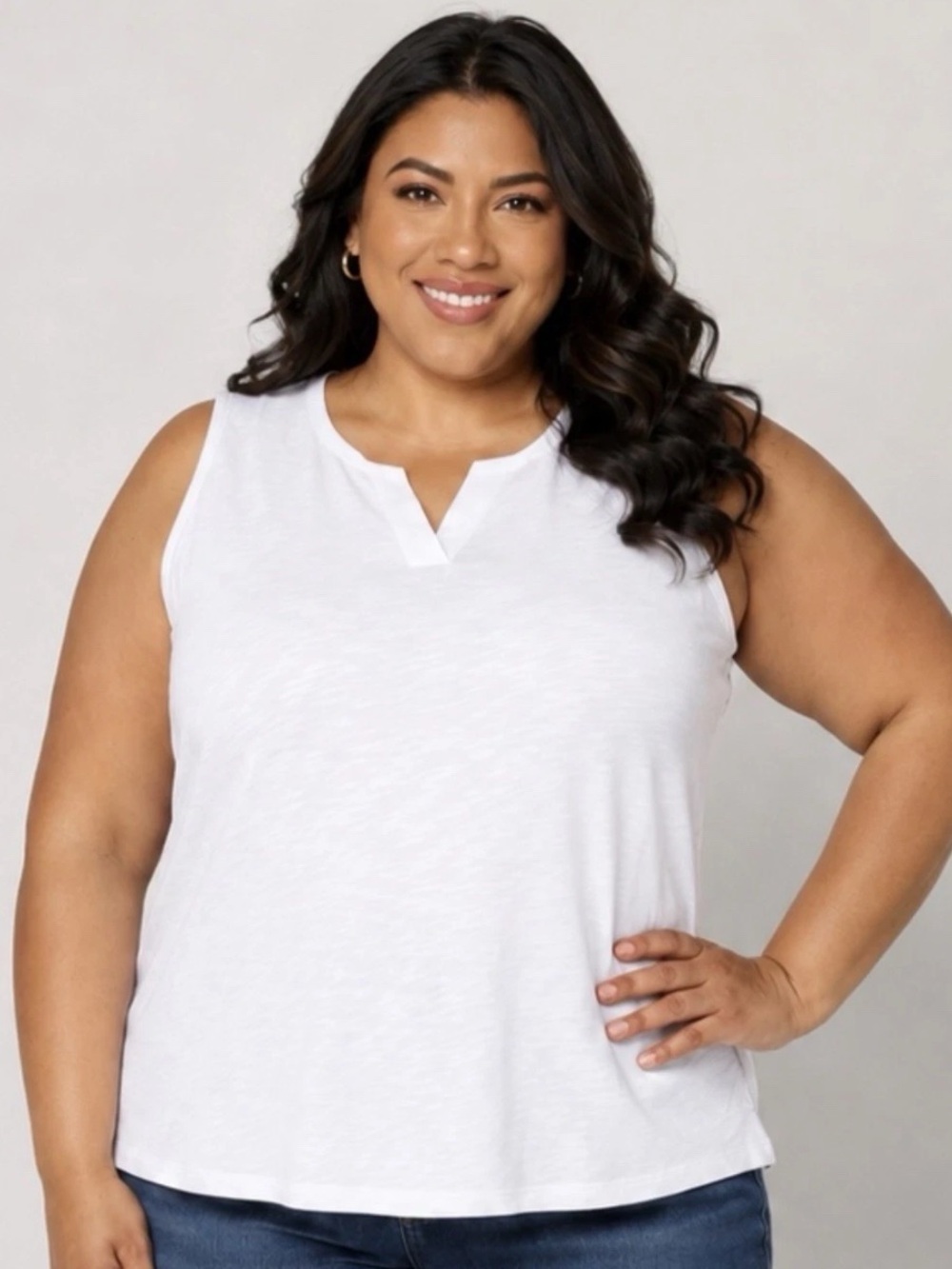 Denim & Co. Essentials Linen Blend Split Neck Tank Top 1X NEW A725177